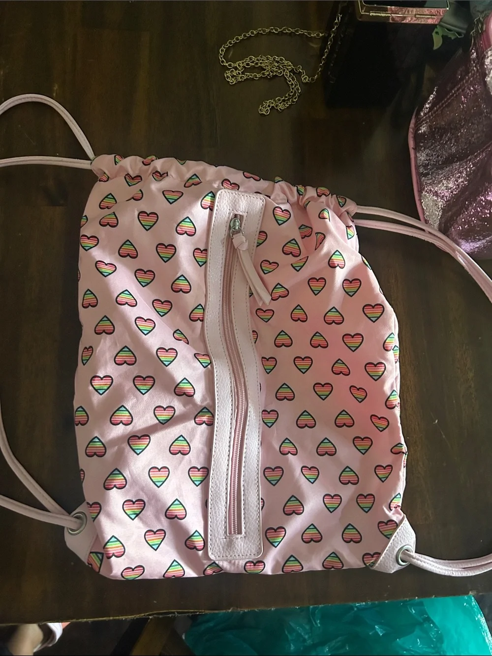 Kids Pink Heart Print Drawstring Backpack